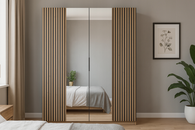 Szafa ARKA 4-drzwiowa 2 lustra lamele dąb evoke 200 cm półki drążek