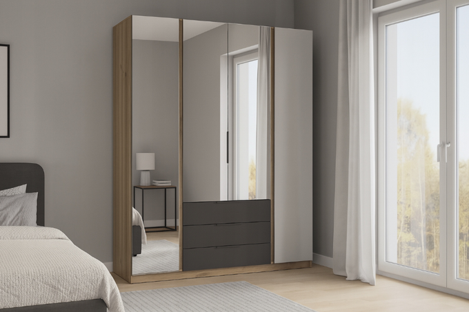 Szafa ARKA 4-drzwiowa 4 lustra czarne szuflady dąb evoke 200 cm