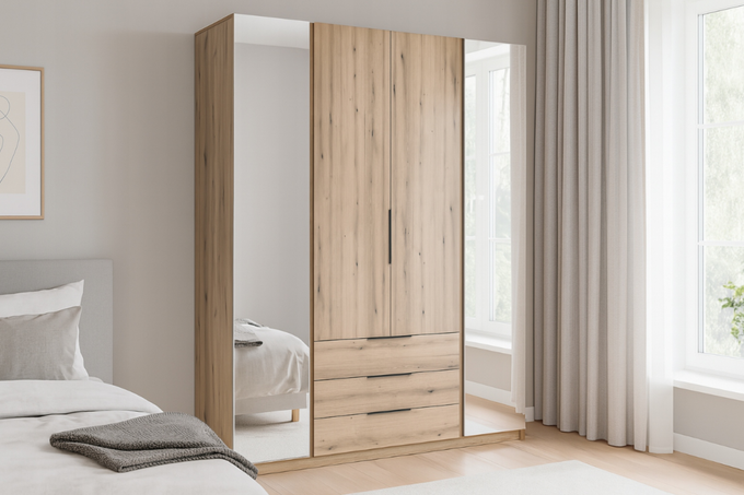 Szafa ARKA 4-drzwiowa 3 szuflady 2 lustra dąb evoke 200 cm półki drążek