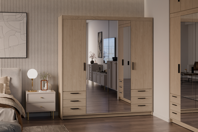 Szafa LIVIO 4-drzwiowa z półkami szuflady lustro dąb olejowany garderoba