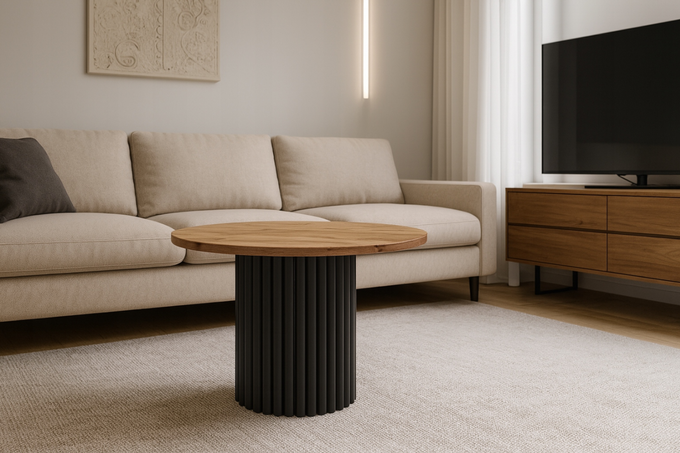 Stolik kawowy Lunar okrągły 67 cm dąb wotan blat czarna ryflowana podstawa