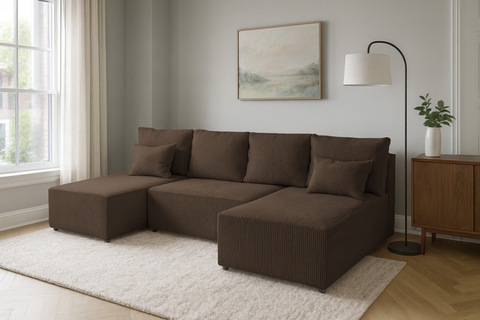 Narożnik DOMINO U FIT POSO sztruks do salonu funkcja spania pojemnik rogówka