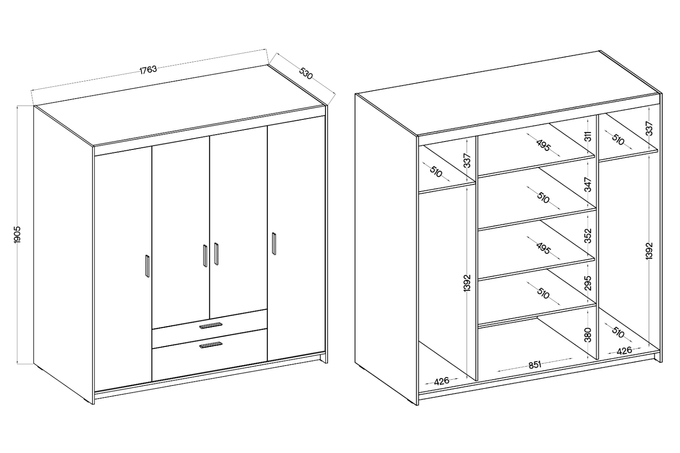 Szafa LIVIO 4-drzwiowa z półkami szuflady lustro beż piaskowy garderoba