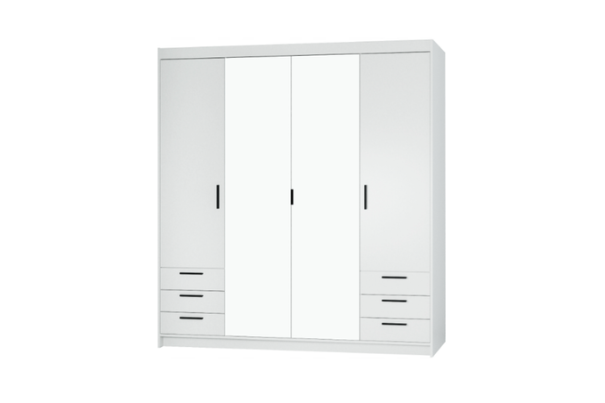 Szafa LIVIO 4 drzwiowa biała z lustrem i szufladami garderoba