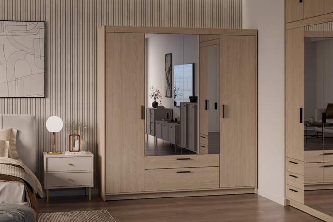 Szafa LIVIO 4-drzwiowa z półkami szuflady lustro dąb olejowany garderoba