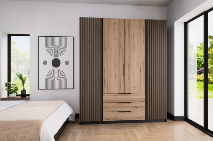 Szafa ARKA 4-drzwiowa lamele dąb evoke 200 cm półki drążek szuflady