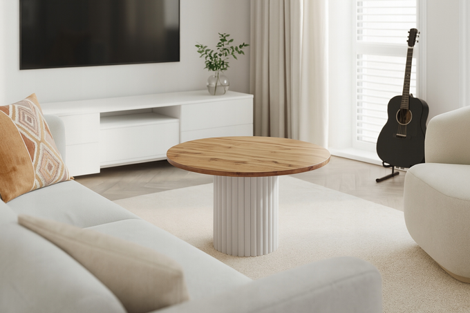 Stolik kawowy Lunar okrągły 67 cm dąb wotan blat biała ryflowana podstawa