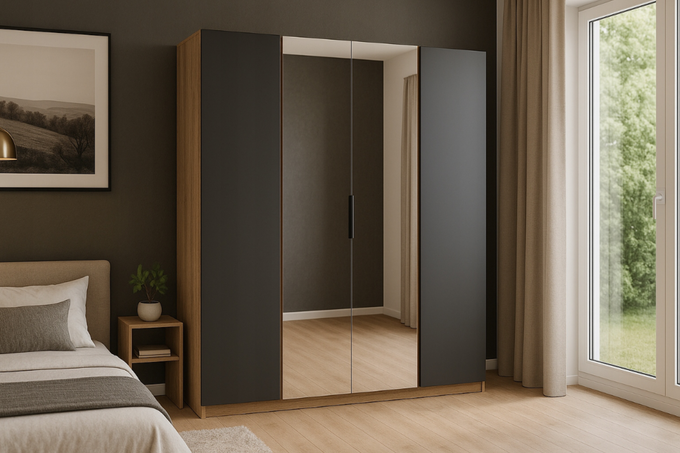 Szafa ARKA 4-drzwiowa 2 lustra dąb evoke 200 cm półki drążek