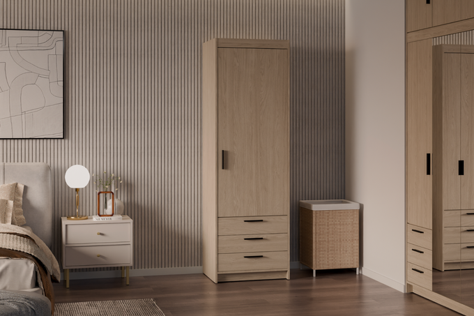 Szafa LIVIO 1-drzwiowa z półkami szuflady dąb olejowany garderoba