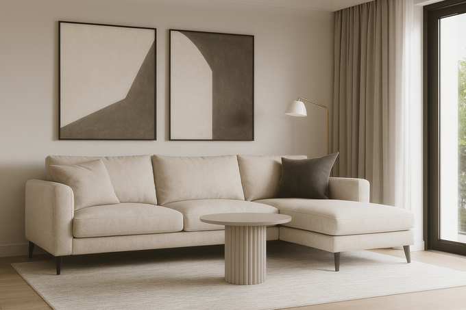 Stolik kawowy Lunar okrągły 67 cm kaszmirowy blat ryflowana podstawa