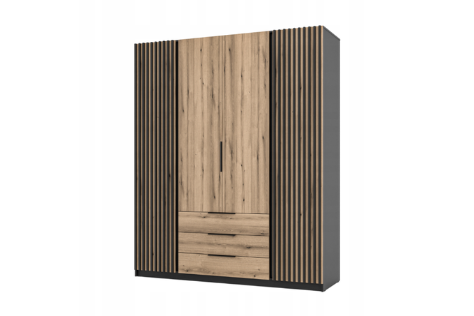 Szafa ARKA 4-drzwiowa lamele dąb evoke 200 cm półki drążek szuflady