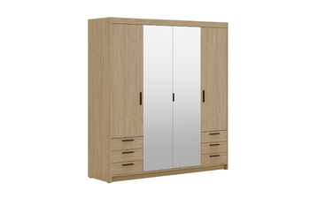 Szafa LIVIO 4-drzwiowa z półkami szuflady lustro dąb olejowany garderoba