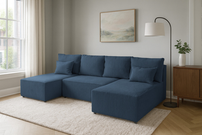 Narożnik DOMINO U FIT POSO sztruks do salonu funkcja spania pojemnik rogówka