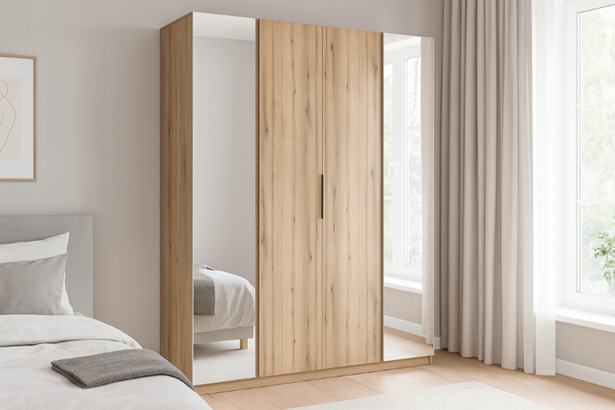 Szafa ARKA 4-drzwiowa 2 lustra dąb evoke 200 cm półki drążek