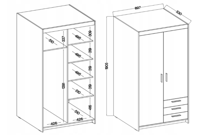 Szafa LIVIO 2-drzwiowa 3 szuflady z półkami dąb sonomagarderoba