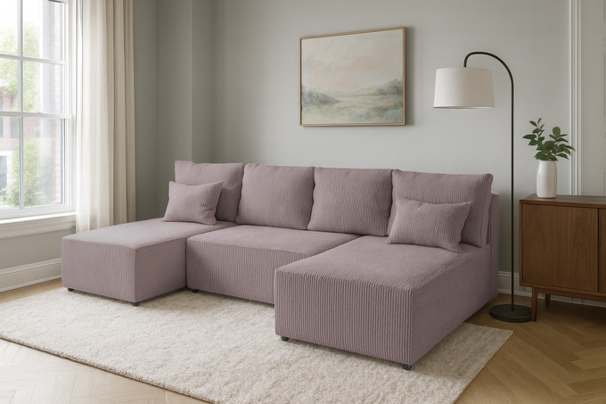 Narożnik DOMINO U FIT POSO sztruks do salonu funkcja spania pojemnik rogówka