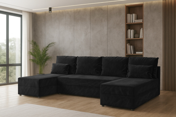 Narożnik DOMINO U FIT GŁADKI z funkcją spania, rogówka do salonu czarny