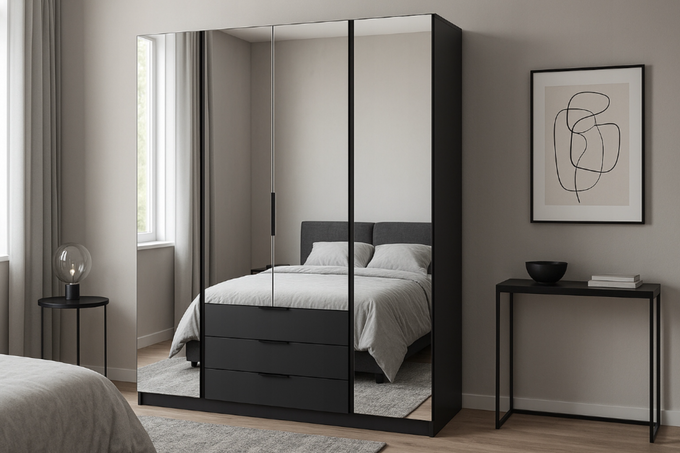 Szafa ARKA 200 cm czarna drzwi uchylne lustro 3 szuflady loft nowoczesna