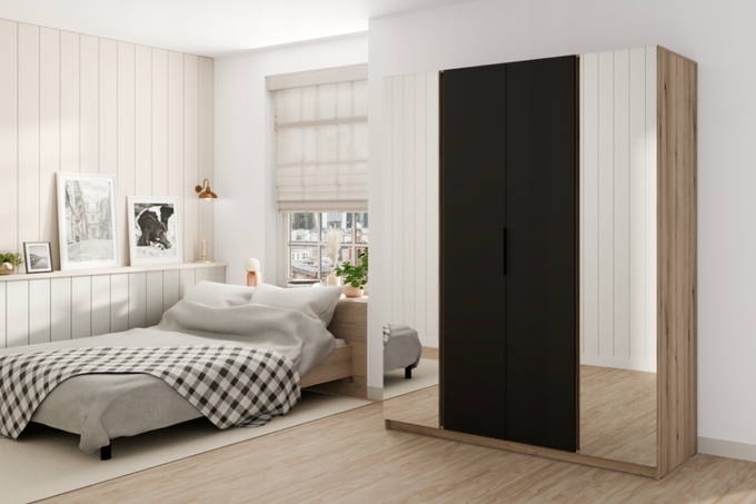 Szafa ARKA 4-drzwiowa 2 lustra czarne fronty dąb evoke 200 cm półki drążek