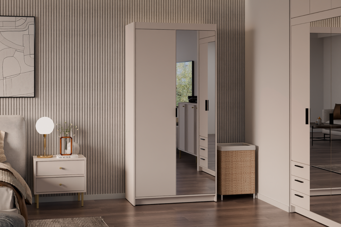 Szafa LIVIO 2-drzwiowa z półkami lustro beż piaskowy garderoba