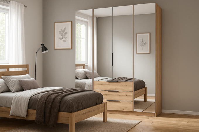 Szafa ARKA 4-drzwiowa 3 szuflady 4 lustra dąb evoke 200 cm półki drążek