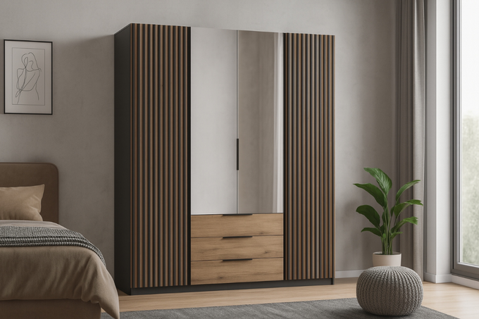 Szafa ARKA 4-drzwiowa 2 lustra lamele 3 szuflady dąb evoke 200 cm półki