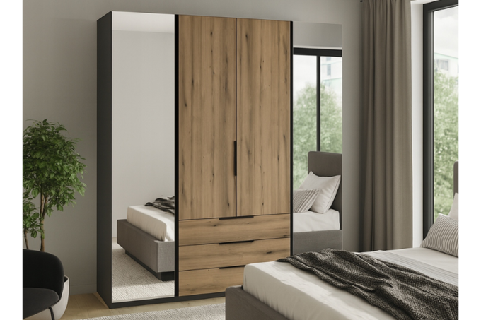 Szafa ARKA 200 cm 4-drzwiowa 3 szuflady 2 lustra dąb evoke loft nowoczesna