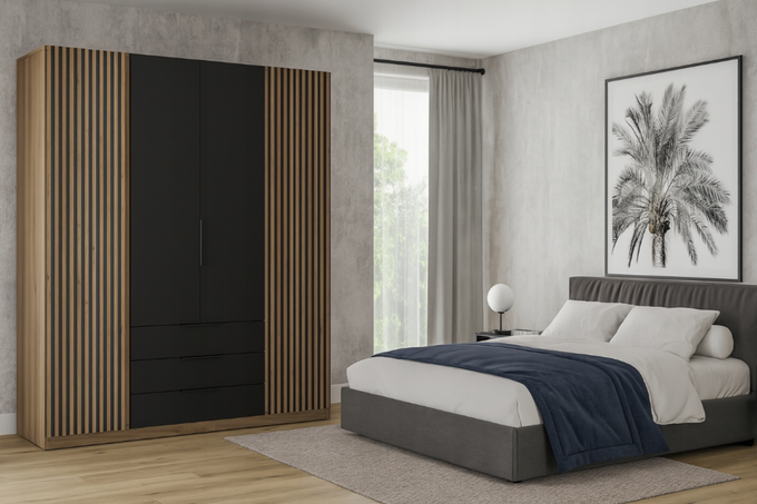 Szafa ARKA 4-drzwiowa lamele czarne fronty 3 szuflady dąb evoke 200 cm