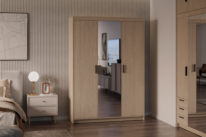 Szafa LIVIO 3-drzwiowa z półkami lustro dąb olejowany garderoba