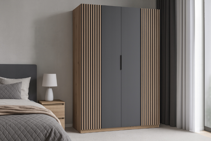 Szafa ARKA 4-drzwiowa lamele czarne fronty dąb evoke 200 cm półki drążek