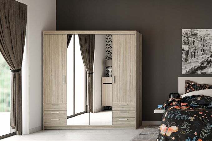 Szafa LIVIO 4 drzwiowa dąb sonoma z lustrem i szufladami garderoba