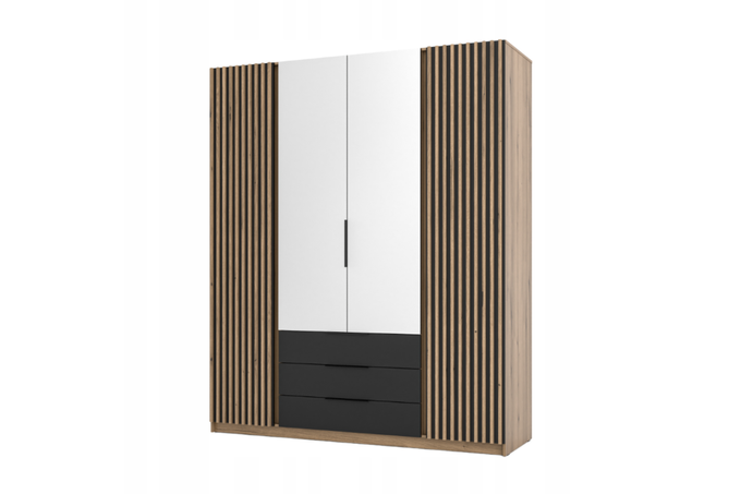 Szafa ARKA 4-drzwiowa 2 lustra lamele czarne szuflady dąb evoke 200 cm