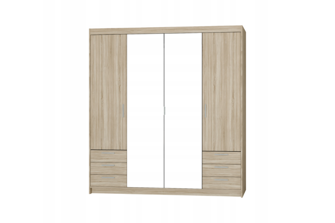 Szafa LIVIO 4 drzwiowa dąb sonoma z lustrem i szufladami garderoba