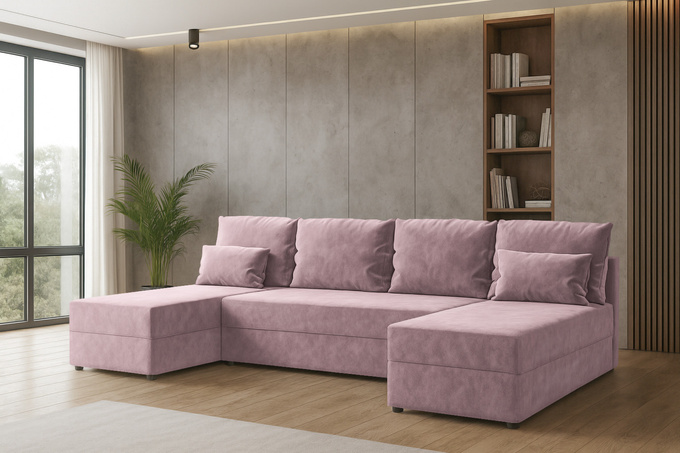 Narożnik DOMINO U FIT GŁADKI z funkcją spania, rogówka do salonu różowy