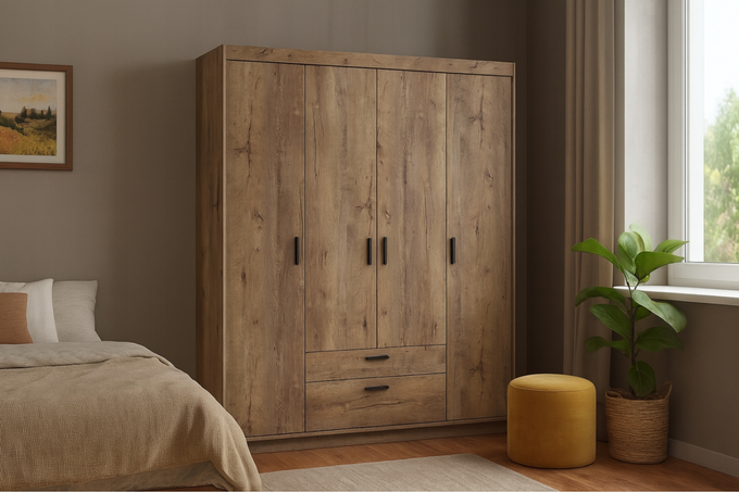 Szafa LIVIO 4 drzwiowa z 2 szufladami dąb lefkas garderoba