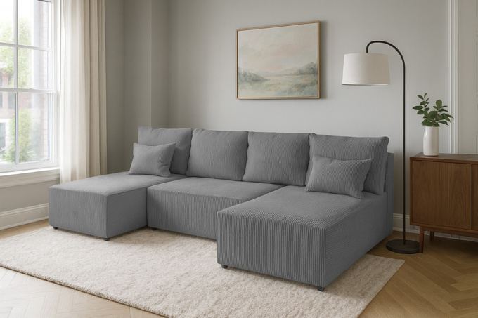 Narożnik DOMINO U FIT POSO sztruks do salonu funkcja spania pojemnik rogówka