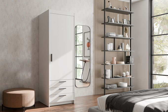 Szafa LIVIO biała 1-drzwiowa z półkami i szufladami drążek garderoba