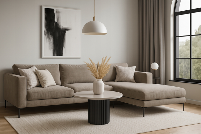 Stolik kawowy Lunar okrągły 67 cm kaszmirowy blat czarna ryflowana podstawa