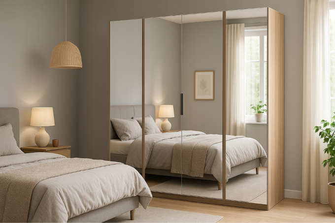 Szafa ARKA 4-drzwiowa 4 lustra dąb evoke 200 cm półki drążek