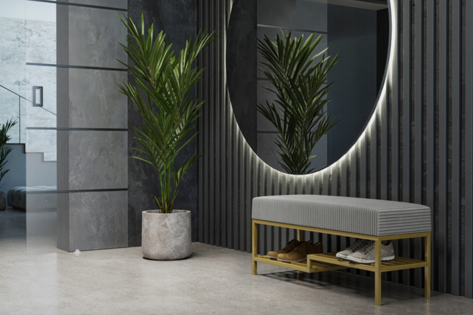 Ławka do przedpokoju 100 cm tapicerowana z półką na buty złoty stalowy stelaż