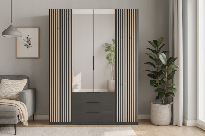 Szafa ARKA 200 cm czarna z lamelami lustro 3 szuflady drzwi uchylne loft nowoczesna