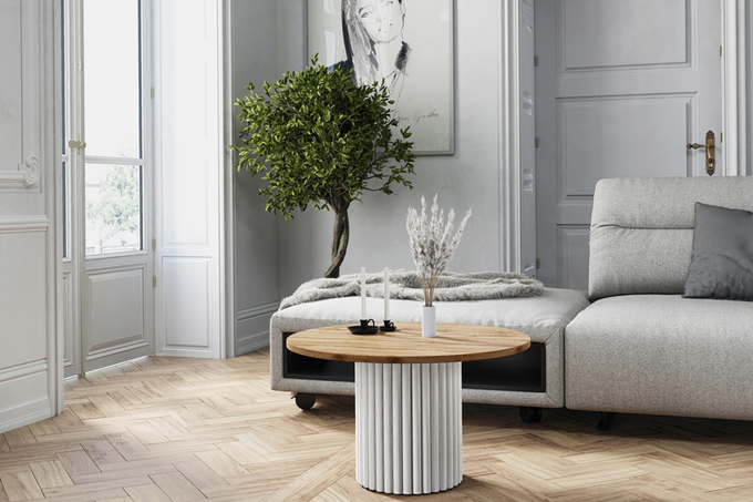 Stolik kawowy Lunar okrągły 67 cm dąb wotan blat biała ryflowana podstawa