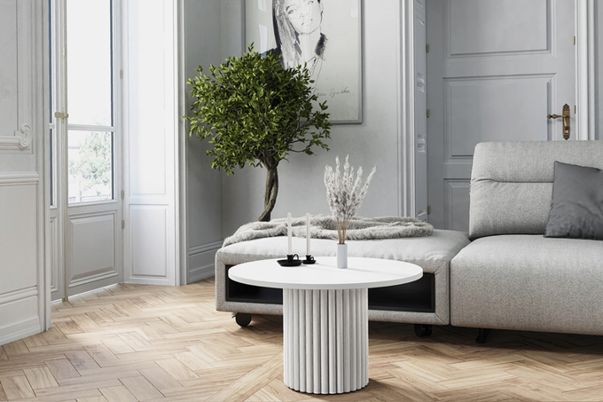 Stolik kawowy Lunar okrągły 67 cm biały ryflowana podstawa