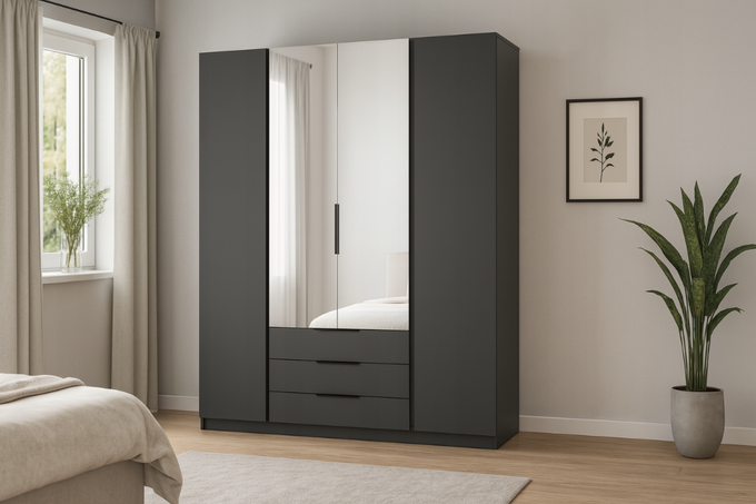 Szafa ARKA 200 cm czarna drzwi uchylne lustro loft nowoczesna