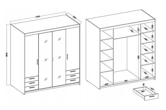 Szafa LIVIO 4 drzwiowa dąb sonoma z lustrem i szufladami garderoba