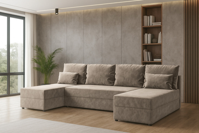 Narożnik DOMINO U FIT GŁADKI z funkcją spania, rogówka do salonu beżowy