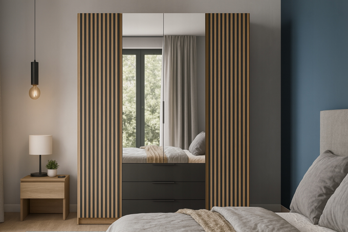 Szafa ARKA 4-drzwiowa 2 lustra lamele czarne szuflady dąb evoke 200 cm