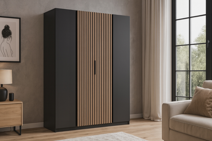 Szafa ARKA 200 cm czarna z lamelami drzwi uchylne loft nowoczesna