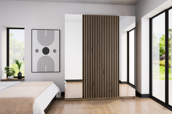 Szafa ARKA 4-drzwiowa 2 lustra lamele dąb evoke 200 cm półki drążek