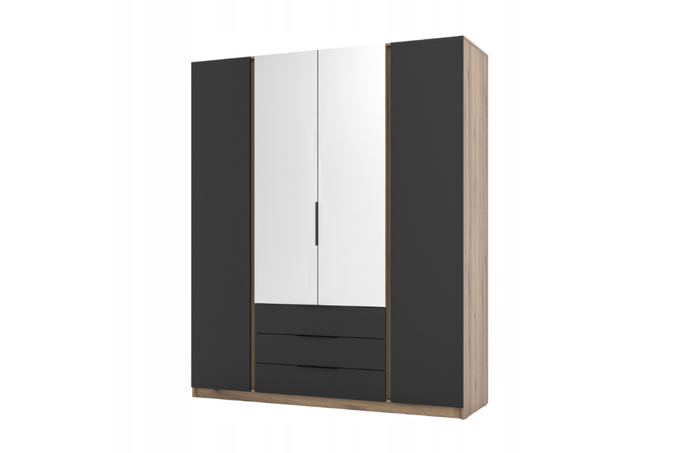 Szafa ARKA 4-drzwiowa 2 lustra czarne fronty 3 szuflady dąb evoke 200 cm